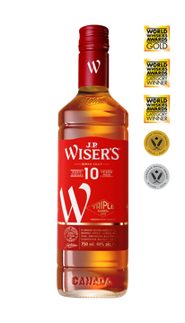 Bottle of J.P. Wiser's whisky with awards on a white background