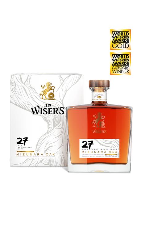 JWiser's 27-year-old whiskey bottle and box on a white background
