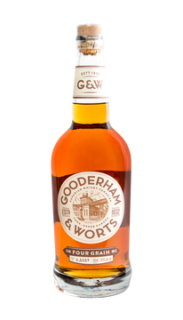 Gooderham & Worts Canadian Whisky 750ml bottle featuring a clear glass bottle with a wooden cap and a dark label accented with copper and cream tones. The label highlights the four-grain blend and the historic Gooderham & Worts branding. The whisky inside has a golden amber hue. A premium Canadian whisky crafted in Ontario, offering flavours of green apple and toasted grains, inspired by one of the world’s most historic distilleries.