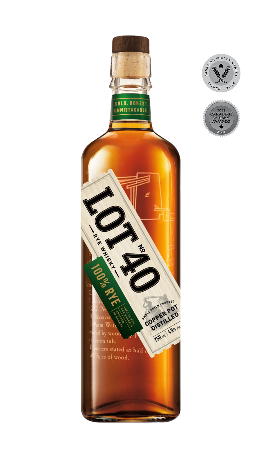 Lot No. 40 100% Pot Still Rye Whisky 750ml bottle featuring a clear glass bottle with a wooden cap and a bold cream, black and green-accented label. The label highlights the 100% rye grain and copper pot still distillation. The whisky inside has a rich amber hue. A small-batch Canadian rye whisky crafted in Ontario, aged in virgin white oak barrels with notes of heavy rye spice, white pepper, roasted walnuts, English toffee, and dark fruit.