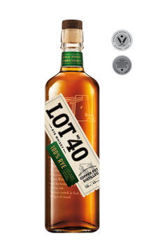 Lot No. 40 100% Pot Still Rye Whisky 750ml bottle featuring a clear glass bottle with a wooden cap and a bold cream, black and green-accented label. The label highlights the 100% rye grain and copper pot still distillation. The whisky inside has a rich amber hue. A small-batch Canadian rye whisky crafted in Ontario, aged in virgin white oak barrels with notes of heavy rye spice, white pepper, roasted walnuts, English toffee, and dark fruit.