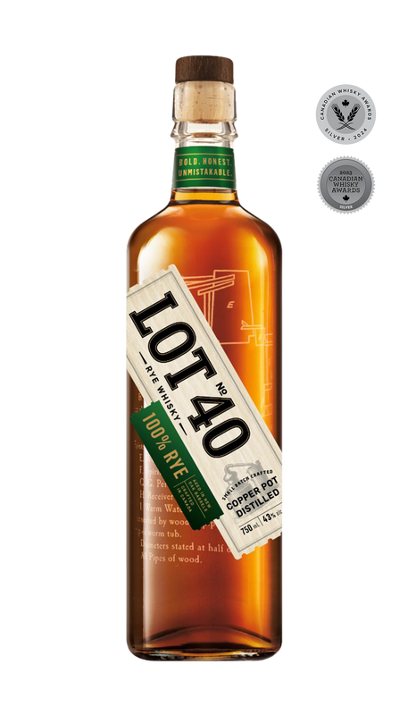Lot No. 40 100% Pot Still Rye Whisky 750ml bottle featuring a clear glass bottle with a wooden cap and a bold cream, black and green-accented label. The label highlights the 100% rye grain and copper pot still distillation. The whisky inside has a rich amber hue. A small-batch Canadian rye whisky crafted in Ontario, aged in virgin white oak barrels with notes of heavy rye spice, white pepper, roasted walnuts, English toffee, and dark fruit.