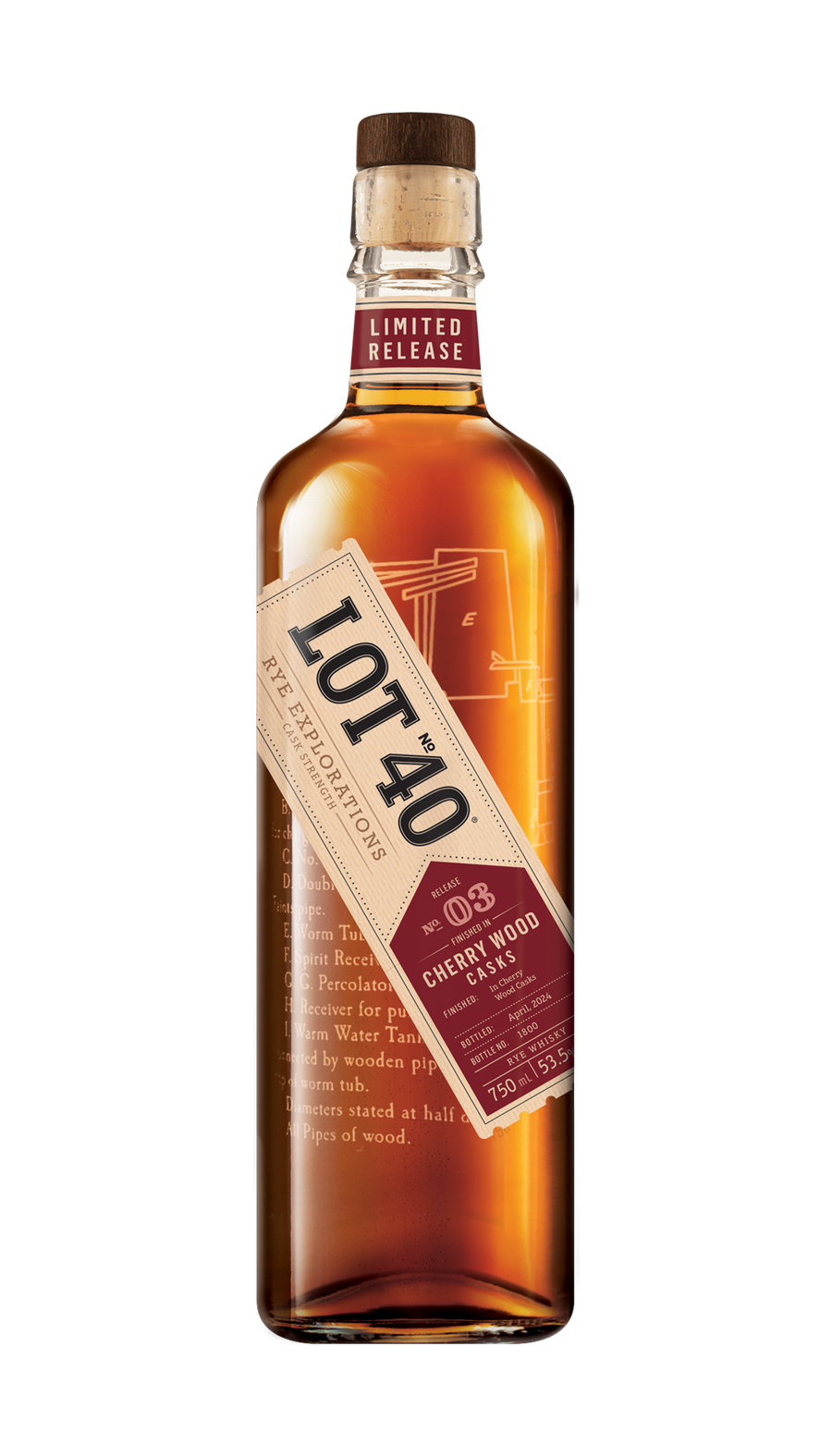 Lot No. 40 Cherry Wood Cask Canadian Whisky 750ml featuring a clear glass bottle with a wooden cap and a bold black and copper-accented label. The label highlights the cask strength rye whisky finished in European cherry wood. The whisky inside has a deep amber hue. A limited-edition Canadian rye whisky crafted in Ontario, offering complex notes of chocolate, cherry pits, vanilla-almond cream, and peppery rye spice—part of the Rye Explorations series.