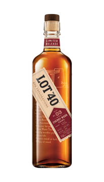 Lot No. 40 Cherry Wood Cask Canadian Whisky 750ml featuring a clear glass bottle with a wooden cap and a bold black and copper-accented label. The label highlights the cask strength rye whisky finished in European cherry wood. The whisky inside has a deep amber hue. A limited-edition Canadian rye whisky crafted in Ontario, offering complex notes of chocolate, cherry pits, vanilla-almond cream, and peppery rye spice—part of the Rye Explorations series.