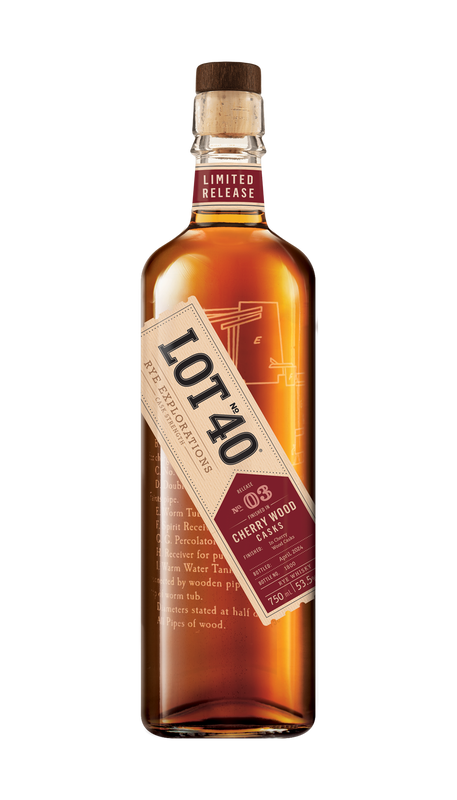 Lot No. 40 Cherry Wood Cask Canadian Whisky 750ml featuring a clear glass bottle with a wooden cap and a bold black and copper-accented label. The label highlights the cask strength rye whisky finished in European cherry wood. The whisky inside has a deep amber hue. A limited-edition Canadian rye whisky crafted in Ontario, offering complex notes of chocolate, cherry pits, vanilla-almond cream, and peppery rye spice—part of the Rye Explorations series.