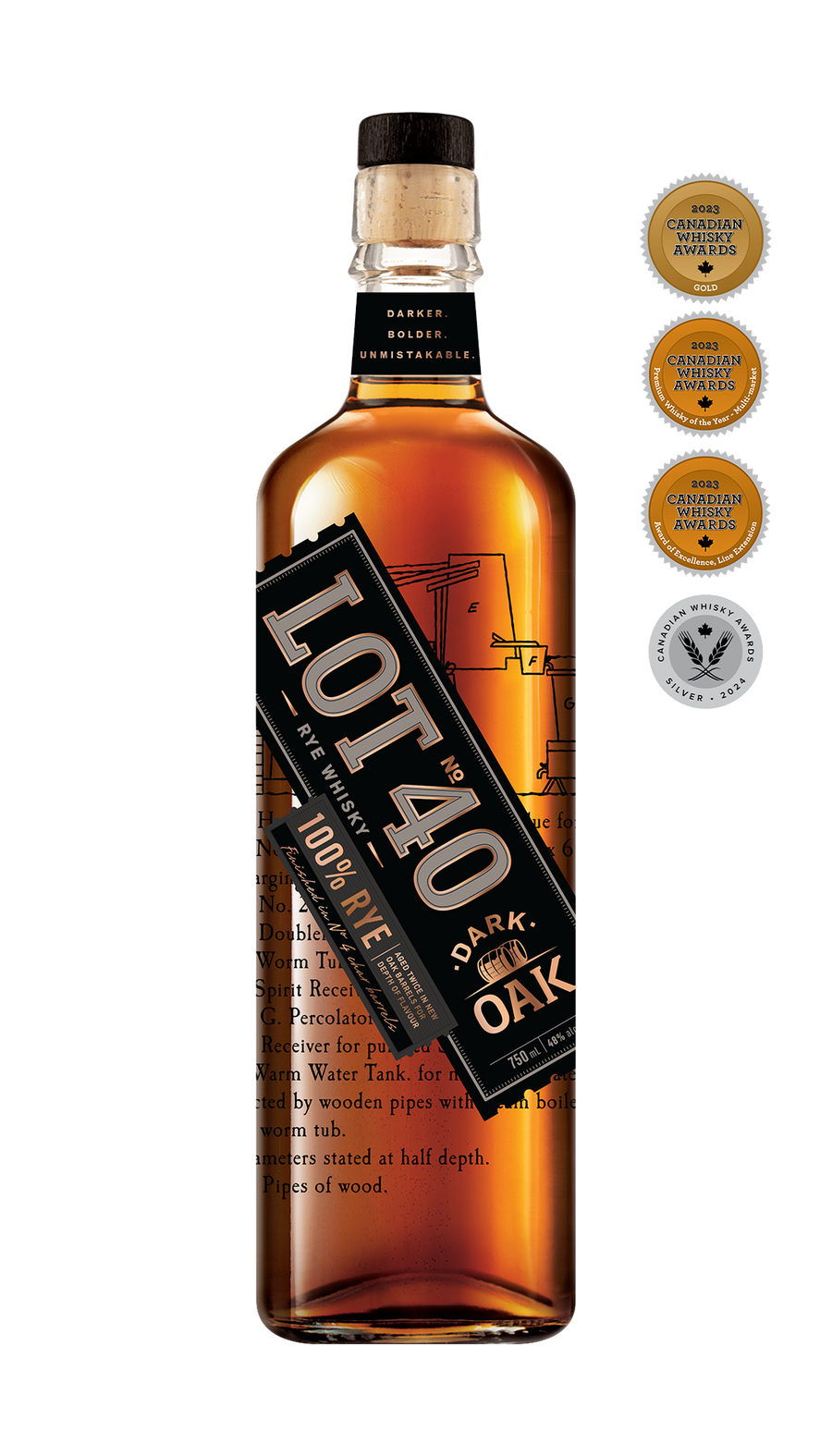 Lot No. 40 Dark Oak Canadian Whisky 750ml bottle on a white background, featuring a clear glass bottle with a wooden cap and a bold black and copper-accented label. The label highlights the 100% rye grain and double maturation in new American oak barrels, including a second finish in heavily charred oak. The whisky inside has a deep amber hue. A bold Canadian rye whisky crafted in Ontario, offering intense spice and dried fruit notes with a 48% ABV—ideal for sipping neat or in classic cocktails.