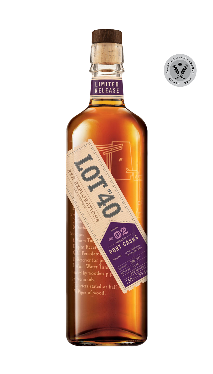Lot No. 40 Rye Explorations No. 2: Port Casks Canadian Whisky 750ml bottle featuring a clear glass bottle with a black cap and a deep red and gold-accented label. The label highlights the limited edition, cask strength whisky finished in seasoned Port casks. The whisky has a rich red copper hue. A small-batch Canadian rye whisky distilled in a copper pot still, offering bold notes of strawberry rhubarb, caramel, vanilla, ginger, and dried fruit.