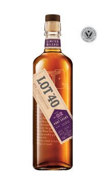 Lot No. 40 Rye Explorations No. 2: Port Casks Canadian Whisky 750ml bottle featuring a clear glass bottle with a black cap and a deep red and gold-accented label. The label highlights the limited edition, cask strength whisky finished in seasoned Port casks. The whisky has a rich red copper hue. A small-batch Canadian rye whisky distilled in a copper pot still, offering bold notes of strawberry rhubarb, caramel, vanilla, ginger, and dried fruit.