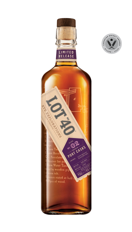 Lot No. 40 Rye Explorations No. 2: Port Casks Canadian Whisky 750ml bottle featuring a clear glass bottle with a black cap and a deep red and gold-accented label. The label highlights the limited edition, cask strength whisky finished in seasoned Port casks. The whisky has a rich red copper hue. A small-batch Canadian rye whisky distilled in a copper pot still, offering bold notes of strawberry rhubarb, caramel, vanilla, ginger, and dried fruit.