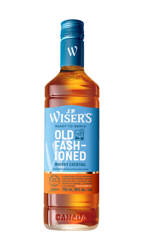 J.P. Wiser’s Old Fashioned Whisky Cocktail 750ml bottle on a white background, featuring a clear glass design with a black cap and a dark label accented with orange and gold. The label highlights the ready-to-serve cocktail made with Canadian whisky, orange essence, honeycomb, and spice. The whisky has a warm amber hue. A pre-mixed Old Fashioned cocktail crafted in Ontario, ideal for serving over ice with an optional orange peel garnish.