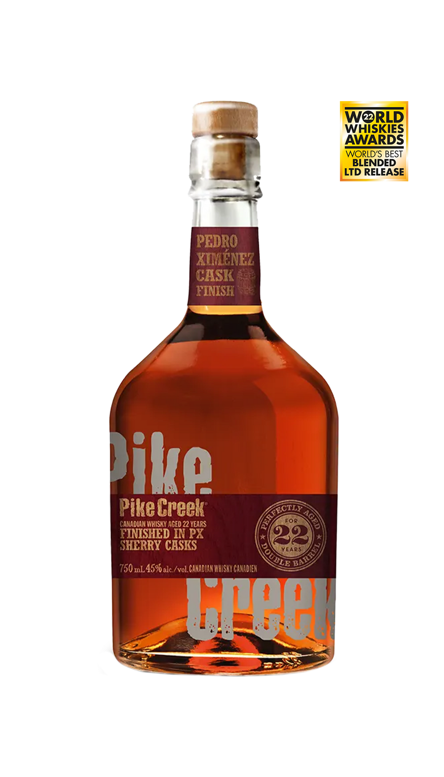 Pike Creek 22 Year Old PX Cask Finish Canadian Whisky 750ml bottle featuring a clear glass bottle with a wooden cap and a dark label accented with copper and cream tones. The label highlights the 22-year aging and Pedro Ximénez (PX) sherry cask finish. The whisky inside has a deep amber hue. A limited-edition Canadian whisky crafted in Ontario, offering rich dark fruit, green apple, and vanilla notes—part of the Pike Creek barrel-finished series.
