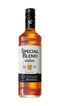 J.P. Wiser’s Special Blend Canadian Whisky 750ml bottle on a white background, featuring a clear glass design with a black cap and a gold-accented label. The label highlights the Special Blend name and Canadian whisky branding. The whisky has a medium amber color. A smooth, mellow Canadian whisky distilled in Windsor, Ontario, with notes of spice, vanilla, and oak, and a clean, compact finish.