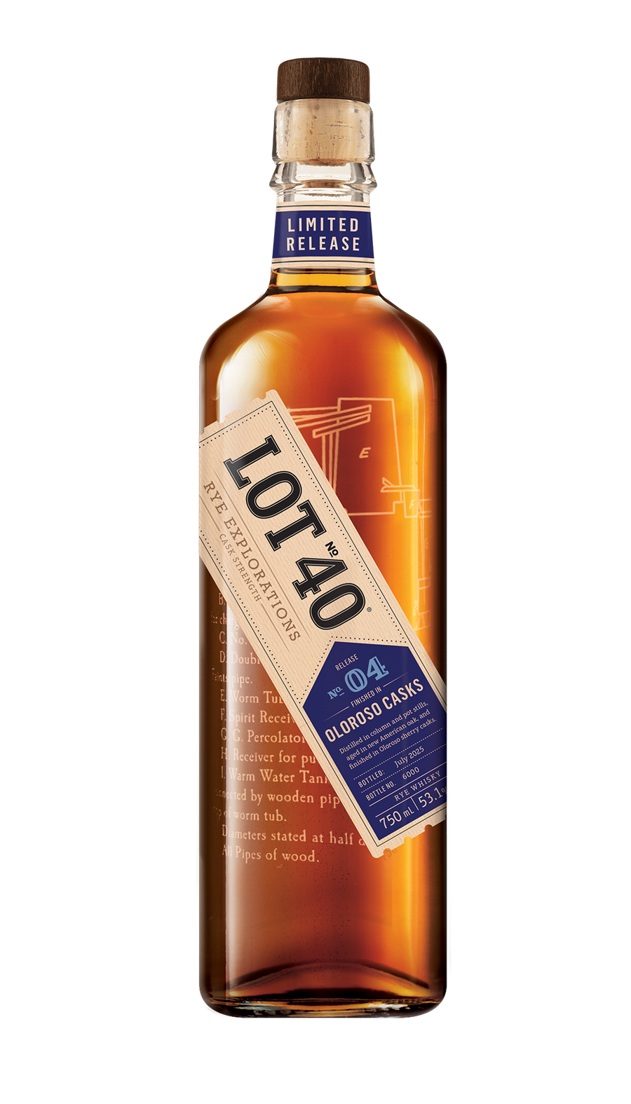 Lot No. 40 Rye Explorations No. 4: Oloroso Cask Strength Canadian Whisky 750ml bottle featuring a clear glass bottle with a black cap and a deep red and gold-accented label. The label highlights the limited edition, cask strength rye whisky finished in Oloroso sherry casks. The whisky has a rich copper hue. A small-batch Canadian rye whisky crafted with column and pot still distillation, offering bold flavours of dried cherry, praline, tobacco, and clove.