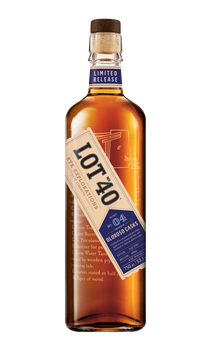 Lot No. 40 Rye Explorations No. 4: Oloroso Cask Strength Canadian Whisky 750ml bottle featuring a clear glass bottle with a black cap and a deep red and gold-accented label. The label highlights the limited edition, cask strength rye whisky finished in Oloroso sherry casks. The whisky has a rich copper hue. A small-batch Canadian rye whisky crafted with column and pot still distillation, offering bold flavours of dried cherry, praline, tobacco, and clove.