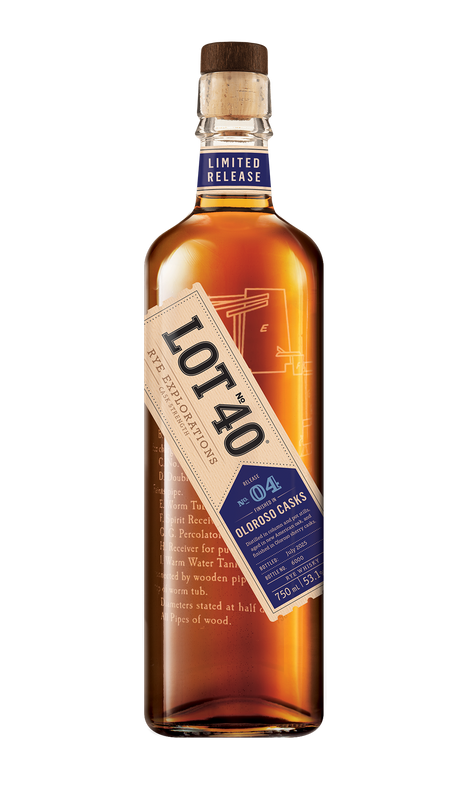 Lot No. 40 Rye Explorations No. 4: Oloroso Cask Strength Canadian Whisky 750ml bottle featuring a clear glass bottle with a black cap and a deep red and gold-accented label. The label highlights the limited edition, cask strength rye whisky finished in Oloroso sherry casks. The whisky has a rich copper hue. A small-batch Canadian rye whisky crafted with column and pot still distillation, offering bold flavours of dried cherry, praline, tobacco, and clove.